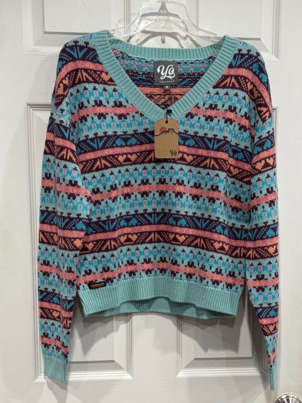 Yo Colorado Women's Small Fair Isle Knit Sweater Blue NWT Pattern Cyan Heritage